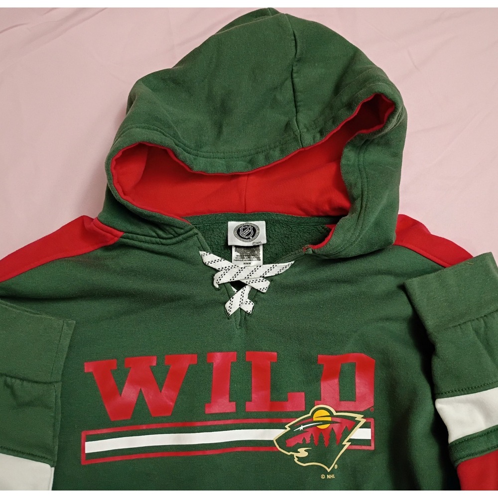 NHL Minnesota Wild Lace Up Hoodie Mens Medium Green Red Hockey Sweatshirt